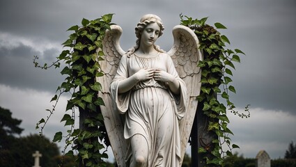 Fototapeta premium Angelic Marble Statue Covered in Ivy in a Cemetery Against a Cloudy Sky