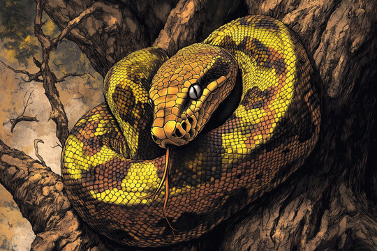 Coiled Yellow and Brown Snake on Tree in Detailed Artistic Illustration