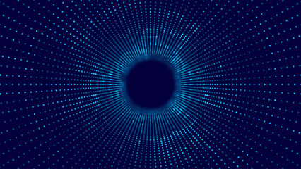 Blue Digital Tunnel or Wormhole. Wireframe Abstract Mesh with Hole. 3D Tunnel Grid Mesh. Blue Hi Tech Texture. Technology or Science Vector Illustration.