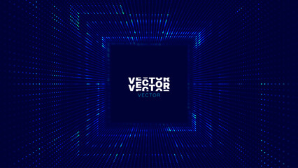 Fototapeta premium Square Frame Border Blue Lights DJ Party Flyer Background. Rectangle Tunnel Big Data Backdrop. Abstract Blue Digital Background. Computer Digital Tunnel Technology Vector Illustration.