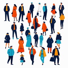 A colorful illustration of diverse people in various outfits and poses, showcasing urban lifestyle.