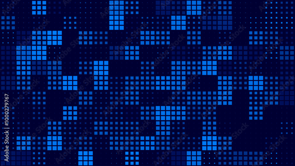 Poster Abstract Digital Technology Futuristic Background. Square Pixels Halftone Pattern Tech Mosaic. Technology or Science Research Presentation Backdrop. Vector Illustration.