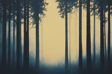 Silhouetted Pine Trees in a Misty Forest