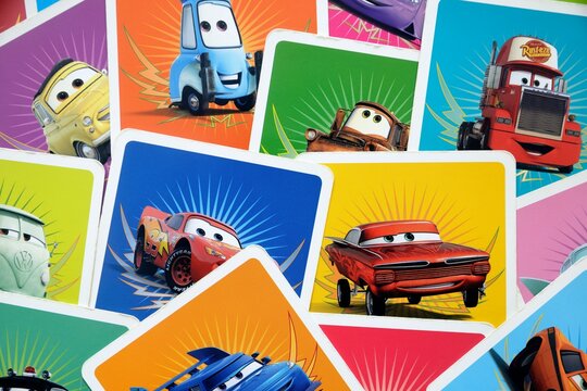 Stockholm, Sweden - Septembre 23, 2024: Large group of playing cards  of the Disney Pixar film Cars