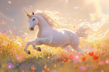 White Unicorn Galloping Through a Field of Flowers with Golden Horn