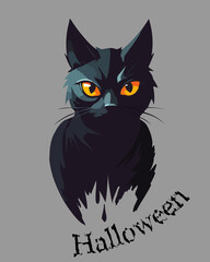 Illustration with a black cat.Vector illustration with black gloomy cat for Halloween day on gray background with text.