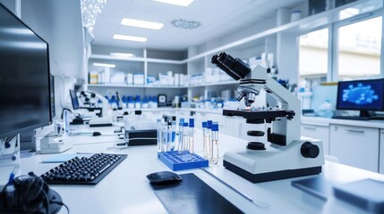 A modern medical lab with high-tech equipment, microscopes, and computers. 
