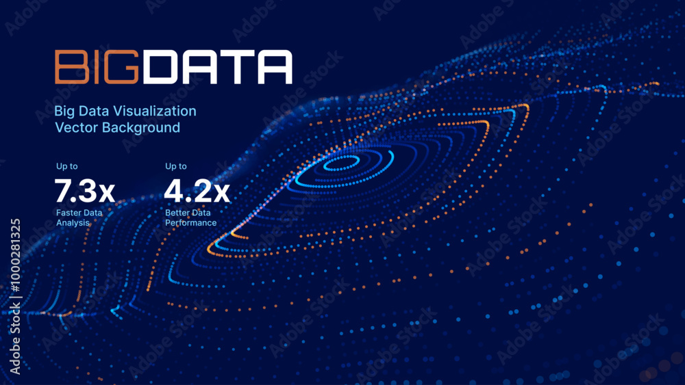 Poster Big Data Visualization. Circular Particles Dots Vortex Abstract Galaxy. Futuristic Science or Finance Infographic Design. Complex Visual Data Background. Abstract Data Flowing. Vector Illustration.