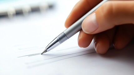 Hand holding a pen over a business plan document, strategic decisionmaking process