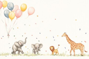 Fototapeta premium Watercolor Illustration of Safari Animals with Balloons and Confetti