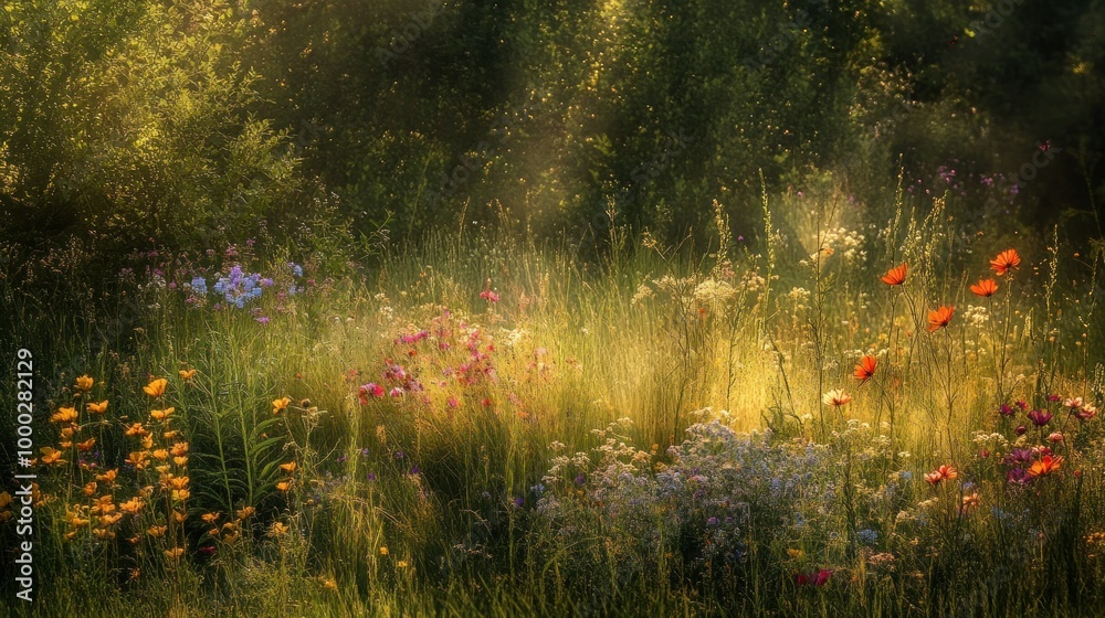 Poster A Sunlit Meadow with Vibrant Blooms