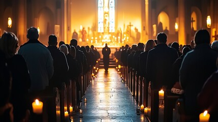 A traditional funeral ceremony in a dimly lit church, with mourners dressed in black and candles flickering along the aisles
