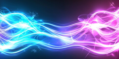 Fototapeta premium Rendering in 3D with pink blue glowing neon lines and bokeh lights. Conceptual wallpaper.