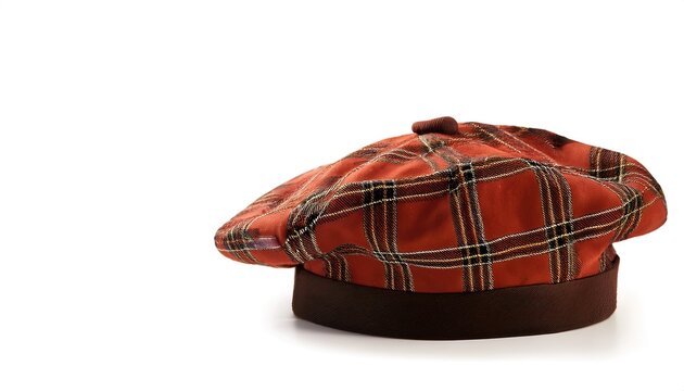 tam o shanter, TOS is a flat bonnet, originally made of wool hand knitted in one piece, stretched on a wooden disc to give the distinctive flat shape. Isolated on white background with copy space