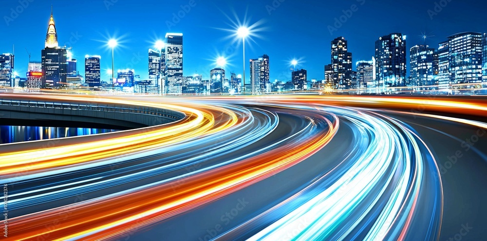 Poster light trails in an urban environment shot at a long exposure using dynamic speed generating stock
