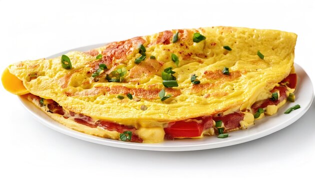omelette or omelet is a dish made from eggs, in a frying pan filled with chives, vegetables, mushrooms, meat (often ham or bacon) cheese, onions, tomato usually served with potato or hash browns