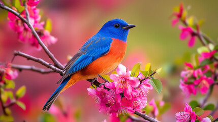 Obraz premium Blue and Orange Songbird Perched on Pink Blossoms, Vibrant Spring Nature Scene