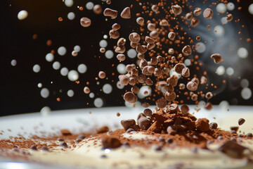 Chocolate sprinkles falling onto a dessert adding texture and fun