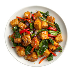 Vibrant and appetizing dish featuring stir-fried tofu, red bell peppers, onions, and leafy greens on a white plate, perfect for healthy eating
