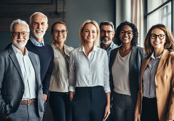 A group of business people standing in an office, smiling at the camera. The group displays diversity with different ages and races, all wearing professional attire