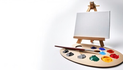 artist art paint setup with oil color paints, brush, canvas and easel. Isolated on white background with copy space. Tools of the artist. Brushes, wooden easel tripod, palette