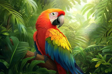 Obraz premium Scarlet Macaw Perched on Branch in Lush Tropical Forest, Vibrant Jungle Illustration, Exotic Bird Art