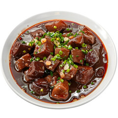 Delicious braised pork belly cooked in a savory soy sauce, garnished with chopped green onions, and served in a white bowl