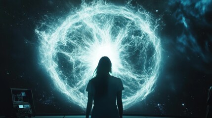 Fototapeta premium A Person Silhouetted Against a Cosmic Display of Blue and White Light