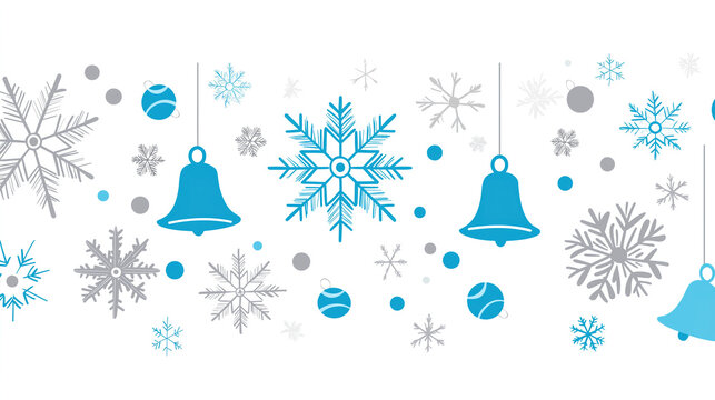 Delightful arrangement of snowflakes and bells, featuring clean, bold lines and a striking blue and silver color palette on a fresh white background