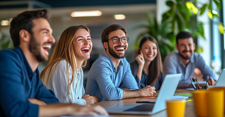 Obraz premium Happy group of business people laughing and having fun together in an office meeting room, using a laptop computer for teamwork.