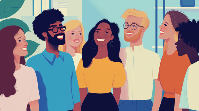 A cheerful, diverse team of office colleagues gathers for a team-building workshop, radiating positivity and connection. Their smiles represent the commitment to fostering an inclu