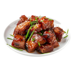 Mouthwatering glazed pork belly bites garnished with fresh chopped chives, served on a white plate, perfect for food presentations and culinary projects