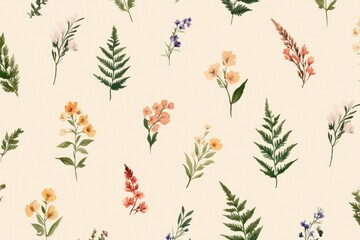 Watercolor Floral Pattern with Fern and Delicate Flowers