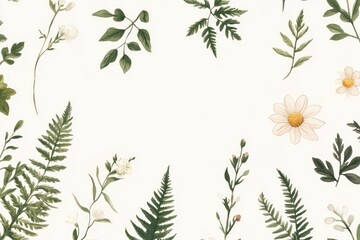 Watercolor Illustration of White Flowers and Green Leaves on a White Background