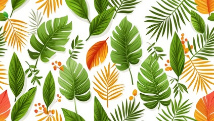 Obraz premium Illustration of a hand drawn palm tree doodle seamless pattern. Tropical plants painting wallpaper texture in vintage art style. Hawaiian print pattern with tropical plants.