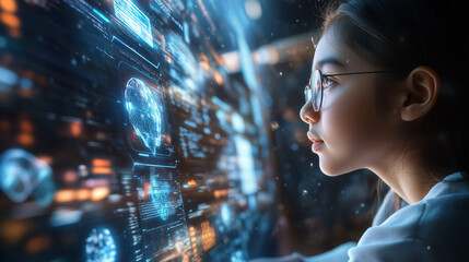Naklejka premium In a modern learning environment, a school student is seen in side profile, actively coding while interacting with holographic displays of AI cyber security threats. The vibrant co