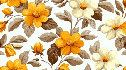 Seamless bright pattern with sunflowers yellow orange brown flowers on brown background