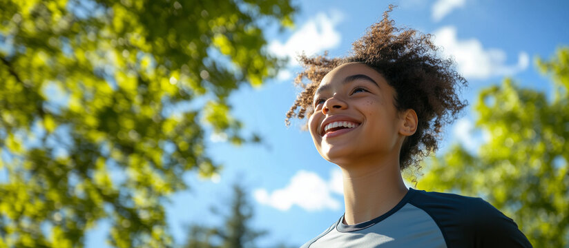 A happy mixed-race teenager jogs candidly in a park under a sunny blue sky, her face glowing with joy and determination. The vibrant greenery around her reflects a perfect summer d