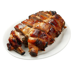 Sliced roasted pork belly on a white plate, showcasing the crispy skin and tender meat, isolated on a transparent background for easy editing