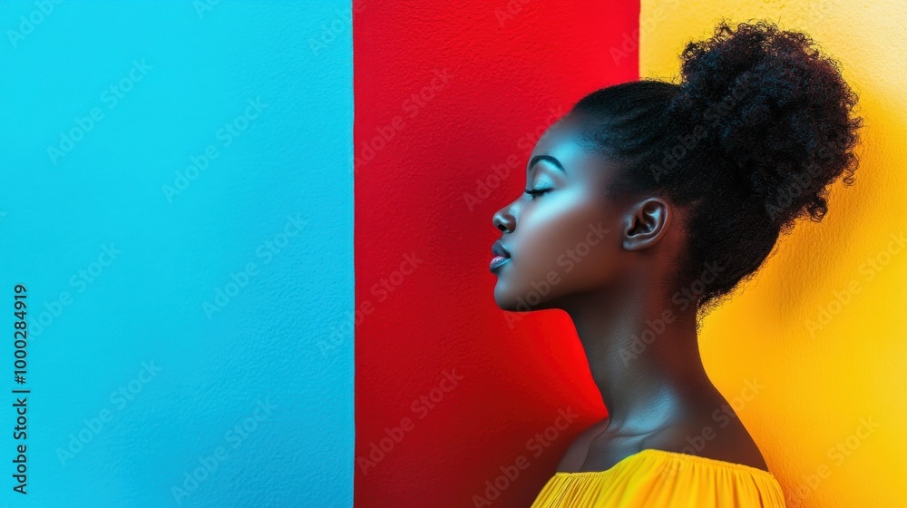 Wall mural A Woman with Curly Hair in Profile Against a Colorful Background