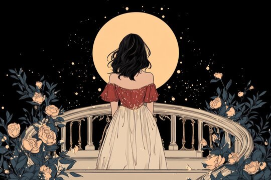 A Woman in a Red and White Dress Standing on a Balcony Under a Full Moon