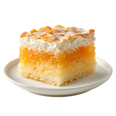 Mouthwatering slice of peach cake with layers and creamy frosting, displayed on a white plate against a clear background, ideal for food-themed projects