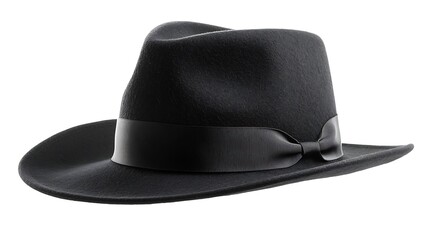 A classic black fedora hat with a wide brim and a black ribbon.