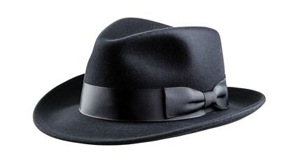 A classic fedora hat with a black ribbon and bow, isolated on a white background.