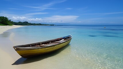 Wooden boat on a tropical beach with clear blue water.