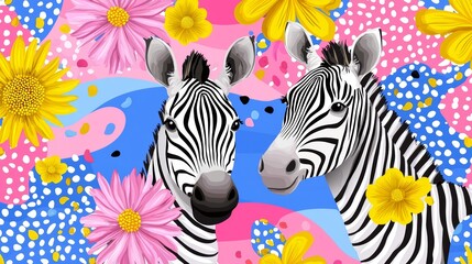 An abstract pattern with colorful abstract shapes and floral elements on a dark background.