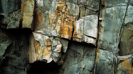 A Close-up of a Rock Face with Cracks and Color Variations