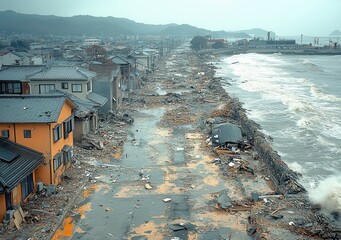 Aerial view reveals devastation from earthquake with collapsed buildings and emergency aid amid widespread destruction