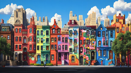 Fototapeta premium Vibrant Graphic Art Transforms Charming Townhouses in Lively Urban City View