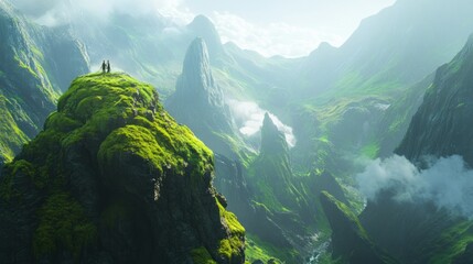 Two Figures Standing on a Cliff Top Overlooking Misty Mountains